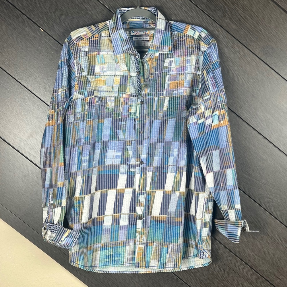 Brandolini Men Button Up Shirt Textured Patchwork Print L Blue Italy Fabric